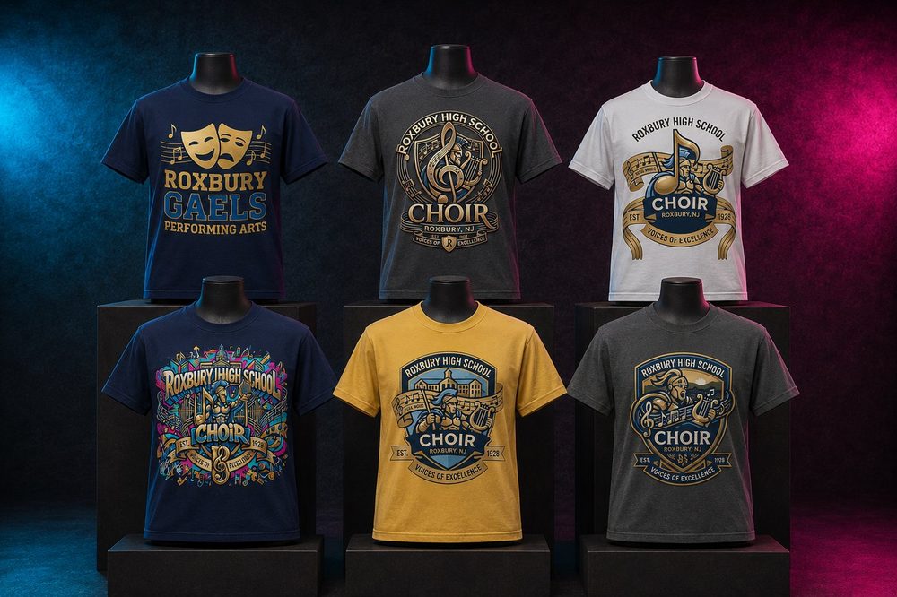 Custom team spirit t-shirts and sweatshirts — Roxbury choir collection — printed by Roxbury Custom Vinyl for local Morris County schools and sports programs.