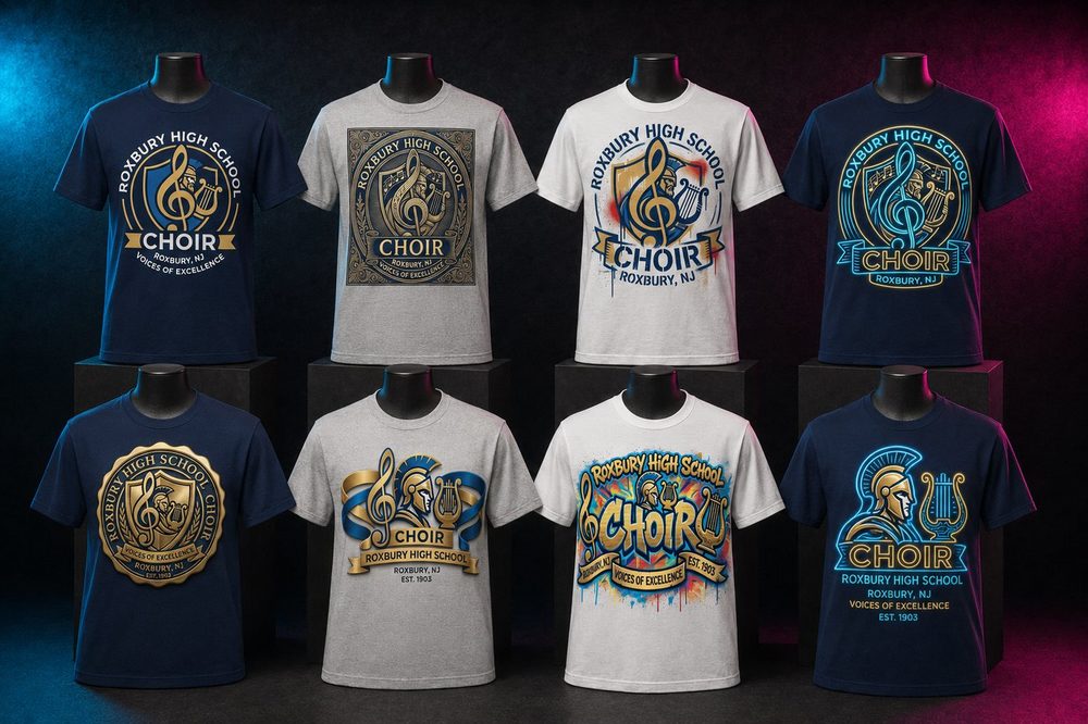 Custom team spirit t-shirts and sweatshirts — Roxbury choir variations — printed by Roxbury Custom Vinyl for local Morris County schools and sports programs.