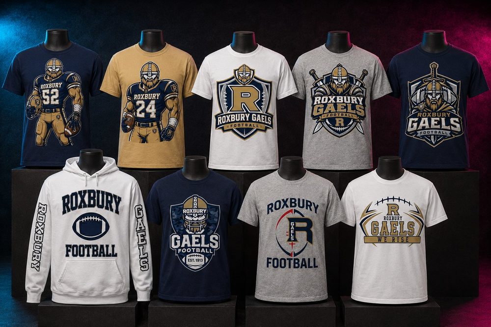 Custom team spirit t-shirts and sweatshirts — Roxbury football collection 2 — printed by Roxbury Custom Vinyl for local Morris County schools and sports programs.