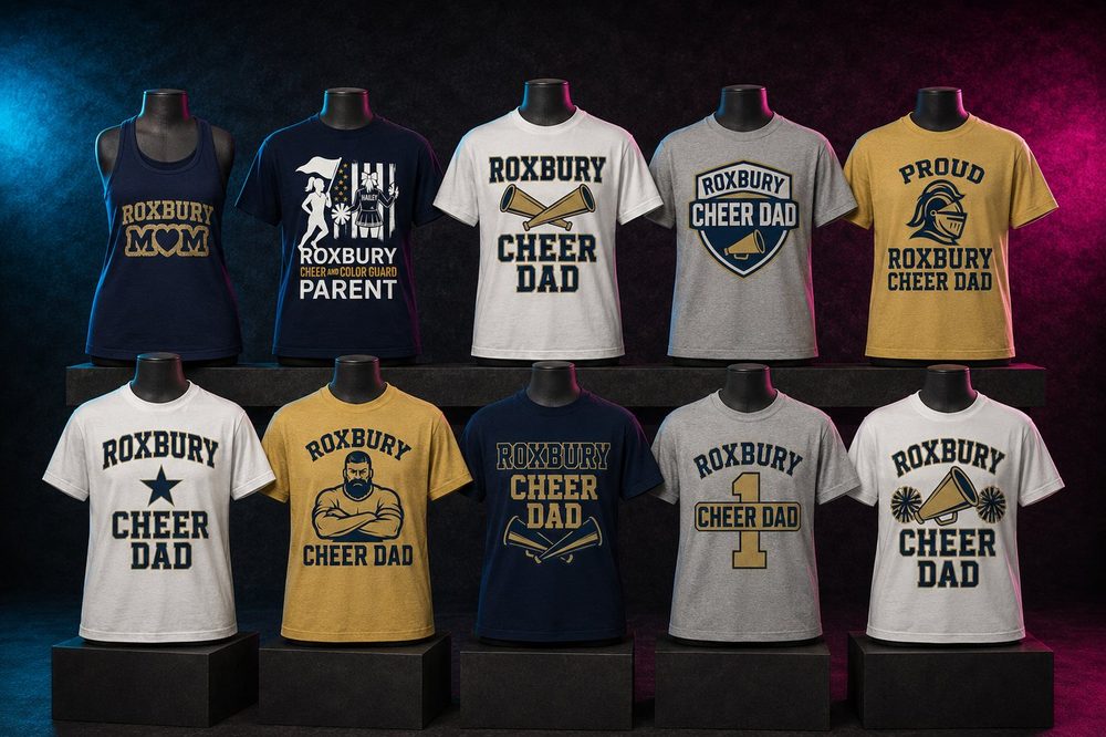 Custom team spirit t-shirts and sweatshirts — Roxbury parent apparel — printed by Roxbury Custom Vinyl for local Morris County schools and sports programs.