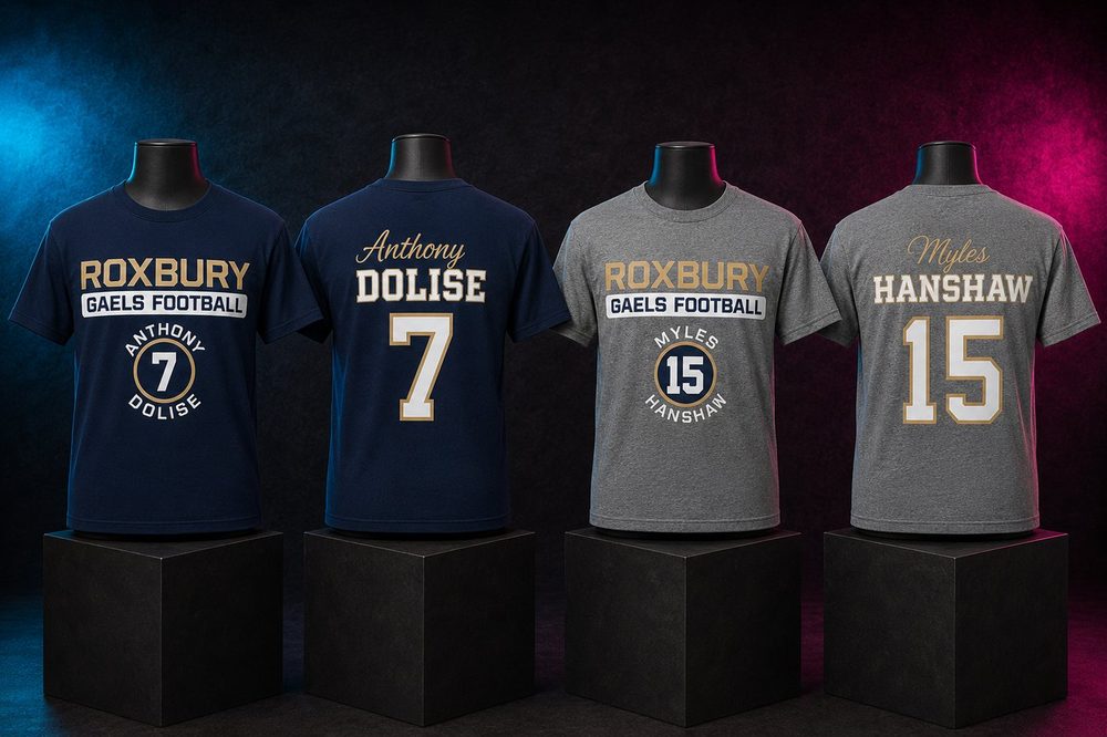 Custom team spirit t-shirts and sweatshirts — Roxbury personalized football — printed by Roxbury Custom Vinyl for local Morris County schools and sports programs.
