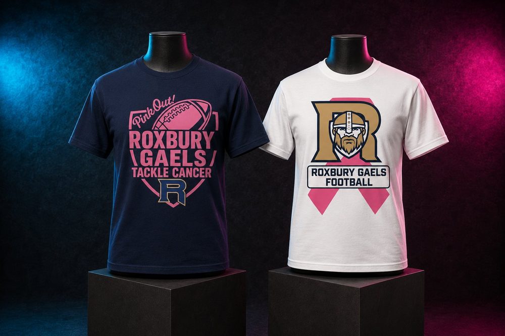 A grouped collection of awareness fundraiser t-shirts — Roxbury Pink Out — custom printed by Roxbury Custom Vinyl in Roxbury, NJ.