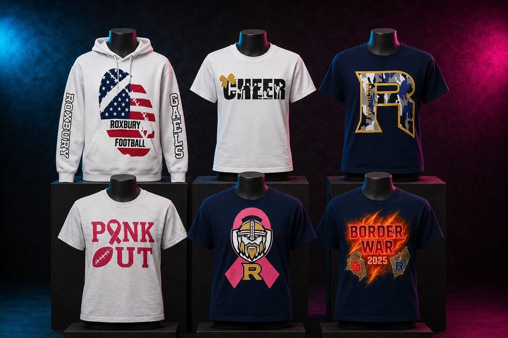 Custom team spirit t-shirts and sweatshirts — Roxbury spirit variations — printed by Roxbury Custom Vinyl for local Morris County schools and sports programs.