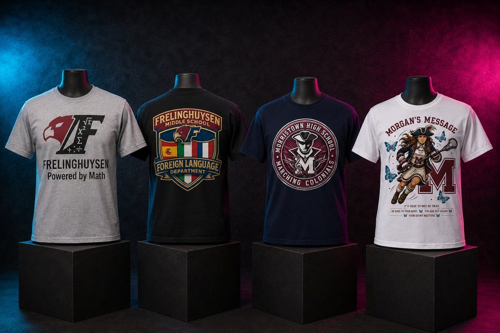 Custom team spirit t-shirts and sweatshirts — School activities collection — printed by Roxbury Custom Vinyl for local Morris County schools and sports programs.