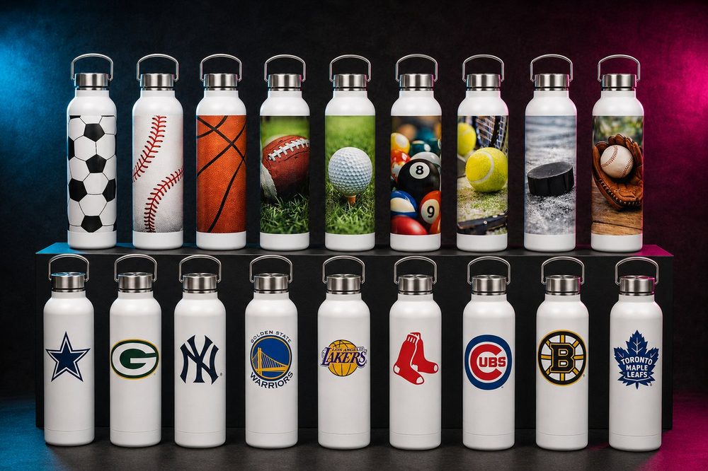 Custom sublimation-printed drinkware — Sports and team water bottles — made by Roxbury Custom Vinyl in Roxbury, NJ.