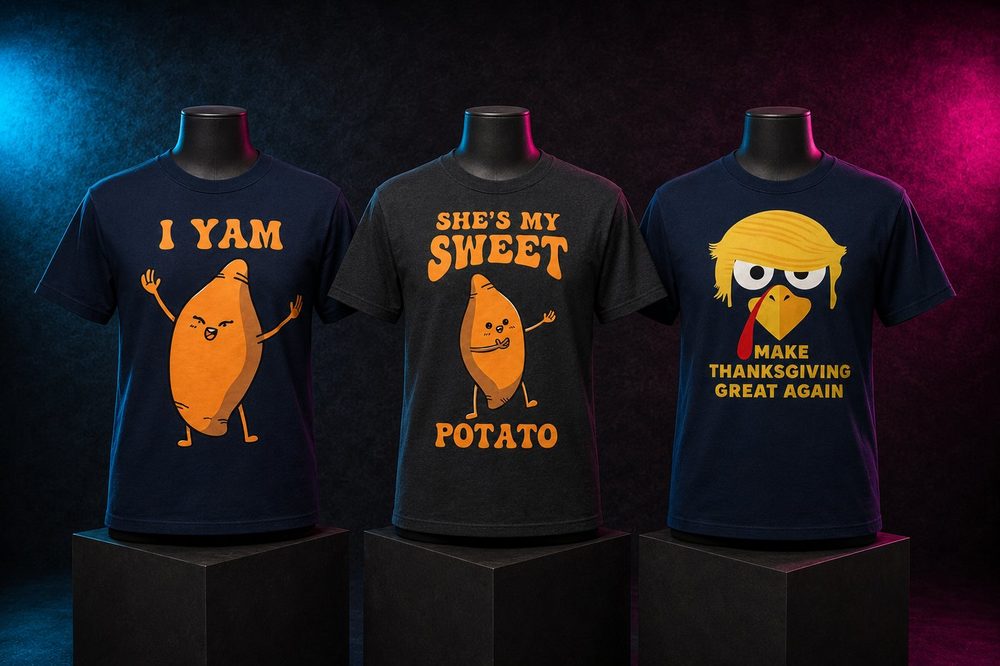 A custom seasonal holiday shirt collection — Thanksgiving collection — printed by Roxbury Custom Vinyl in Roxbury, NJ.