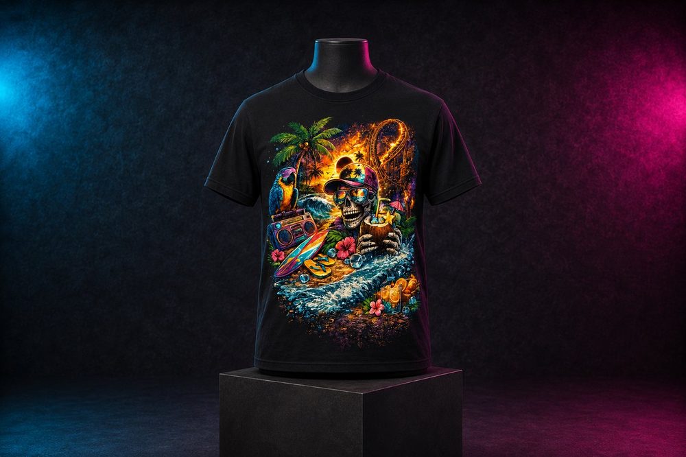 A custom vacation and lifestyle graphic t-shirt — Tropical skull — printed by Roxbury Custom Vinyl in Roxbury, NJ.