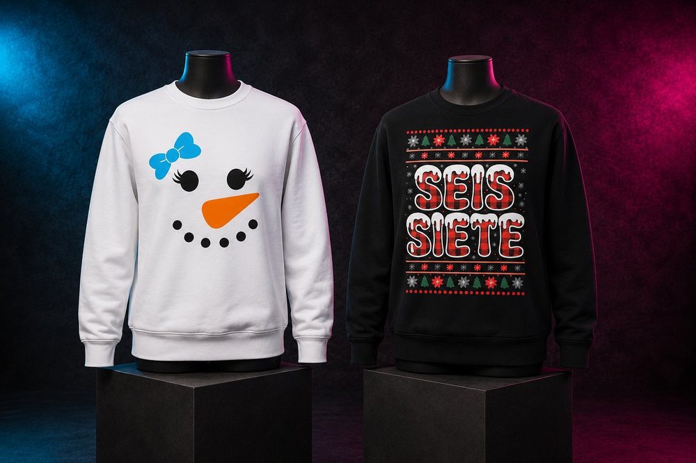 A custom seasonal holiday shirt collection — Winter holiday pair — printed by Roxbury Custom Vinyl in Roxbury, NJ.
