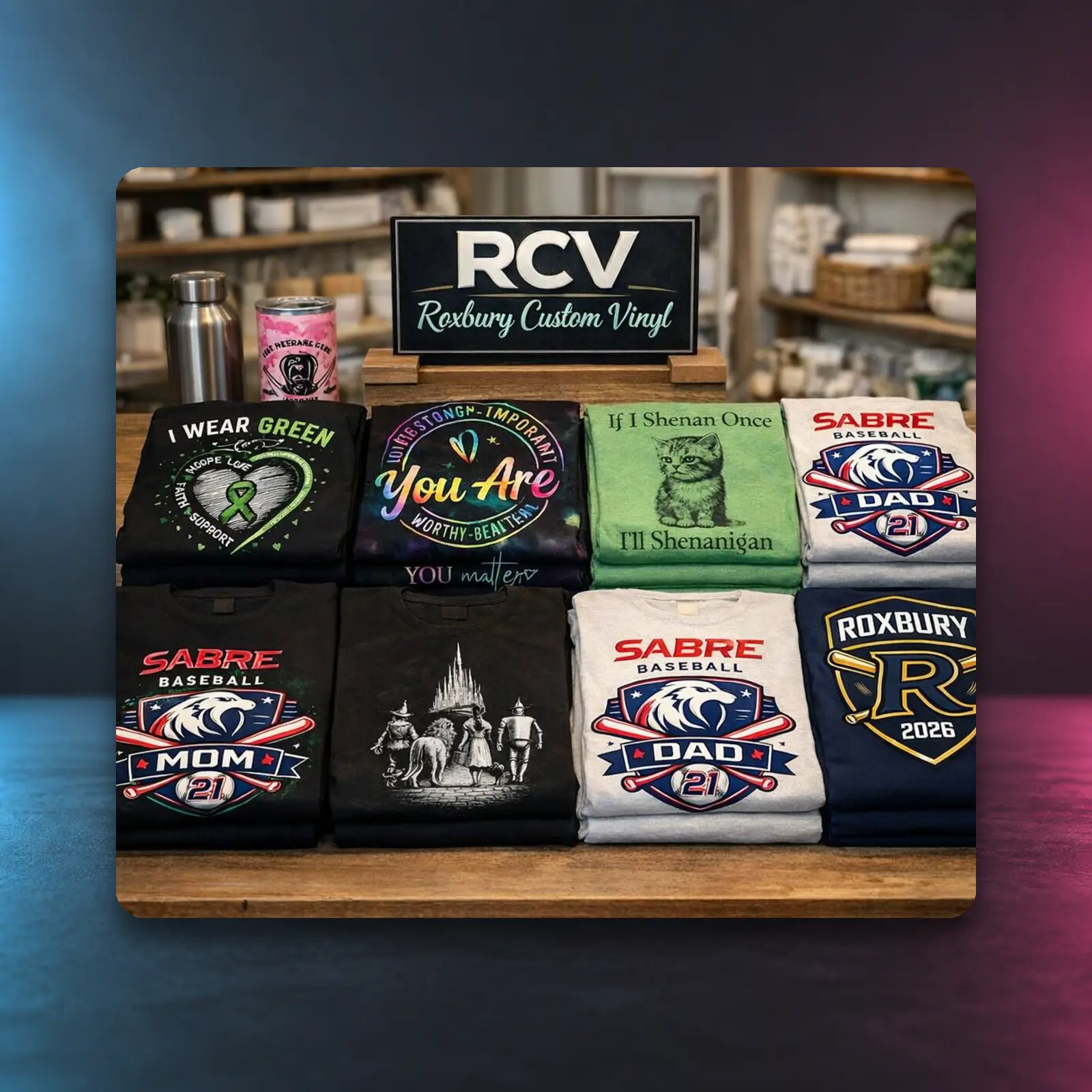 Examples of custom printing and graphic design projects by Roxbury Custom Vinyl
