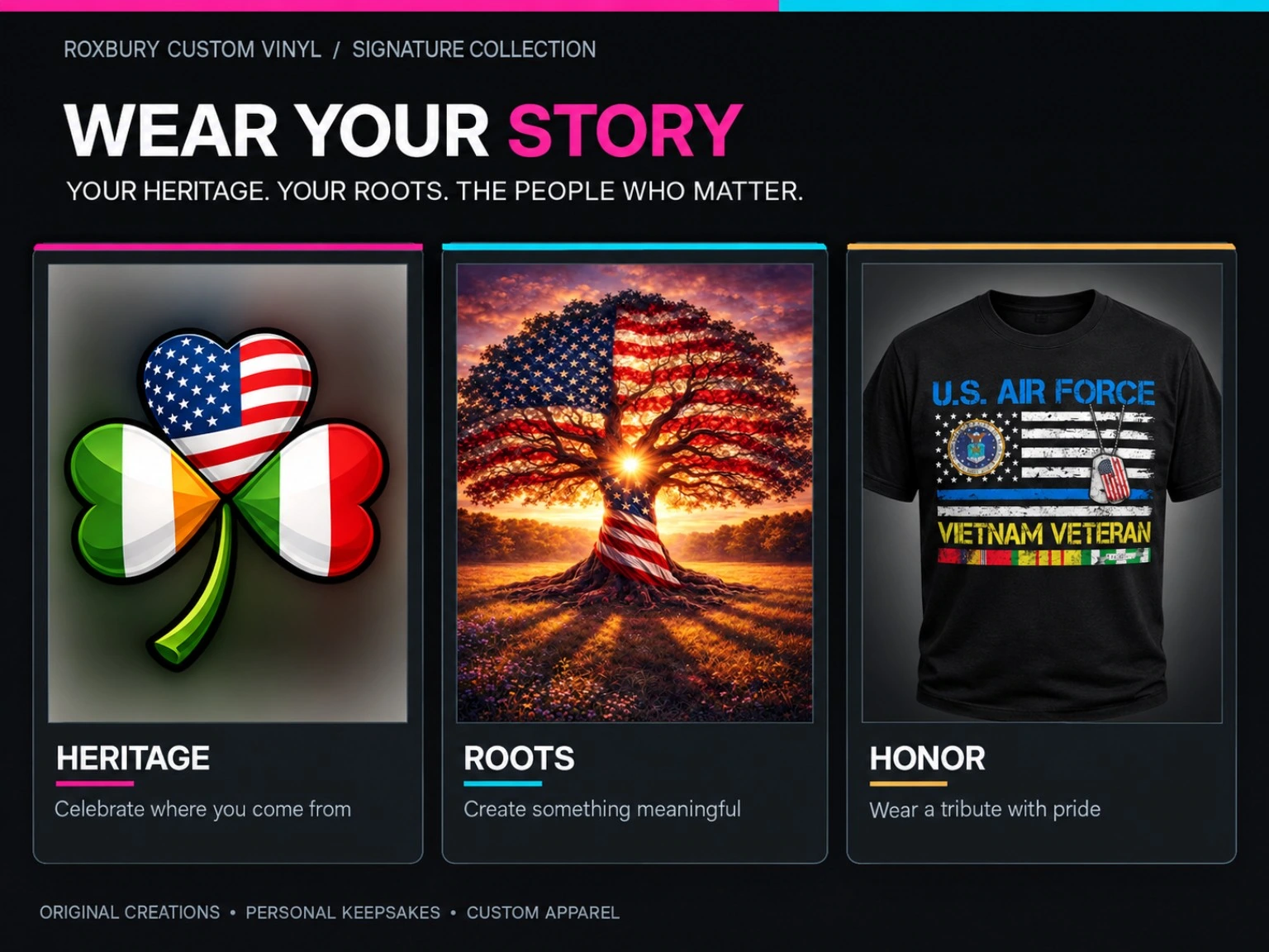 RCV Wear Your Story showcase with Irish Italian American shamrock, American flag family tree and Vietnam veteran tribute shirt